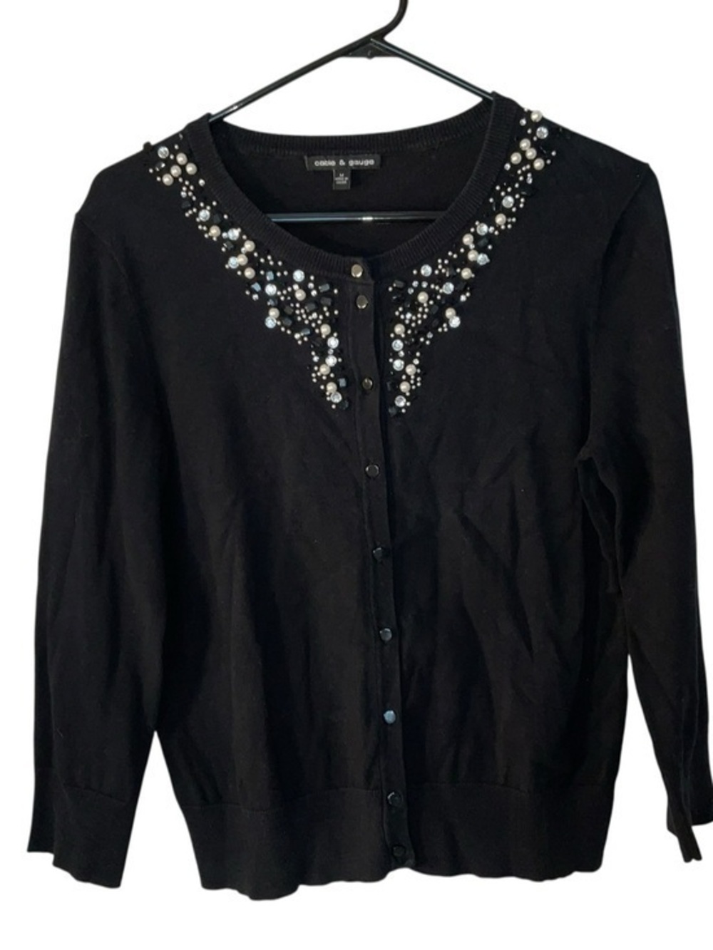 Cable & Gauge Black Crewneck Cardigan with Pearl & Bead Embellishment